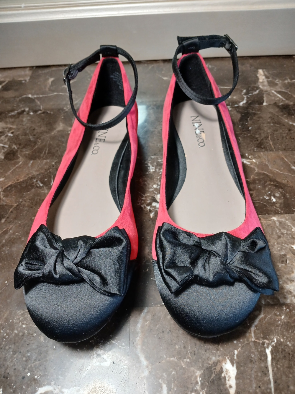 Nine & Co. Pink and Black Ankle-Strap Bow Flats
